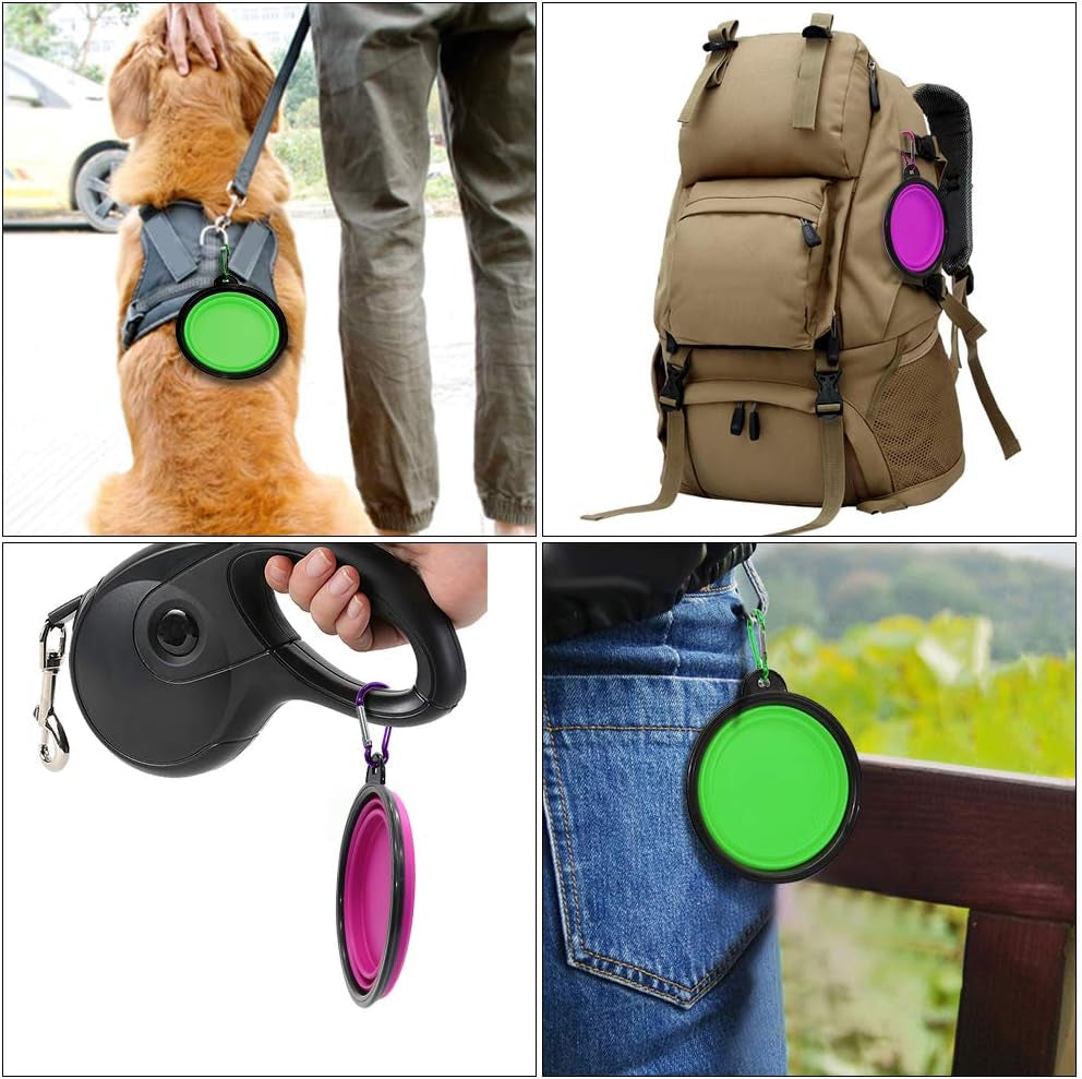 Collapsible Pet Bowls for Dogs and Cats - 2 Pack Portable Feeding and Watering Dishes with Carabiners (Small, Green and Purple)