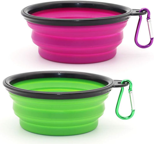 Collapsible Pet Bowls for Dogs and Cats - 2 Pack Portable Feeding and Watering Dishes with Carabiners (Small, Green and Purple)