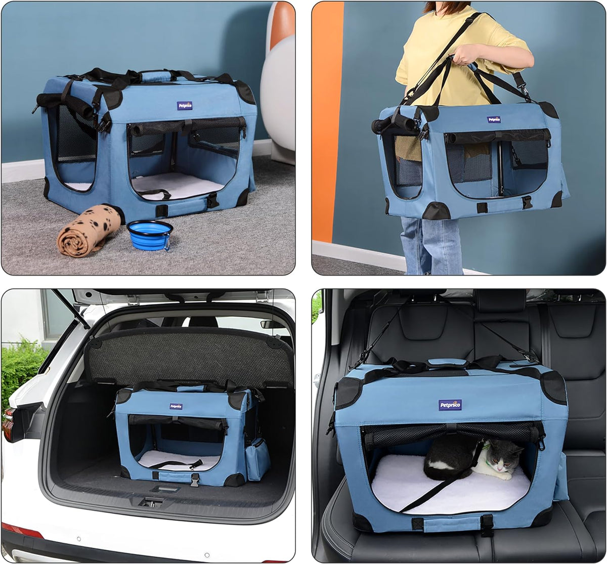 Portable Collapsible Dog Crate, 24" Soft Dog Crate for Car Travel | Small Dog Crate Kennel 24”*17”*17” with Soft Blanket and Foldable Bowl for Large Cats & Small Dogs Indoor and Outdoor Use