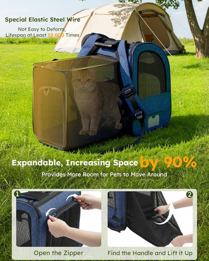 Expandable Cat Carrier Backpack with Breathable Window - Durable Oxford Cloth, Lockable Zipper, Ideal for Pets Under 11 lbs for Travel