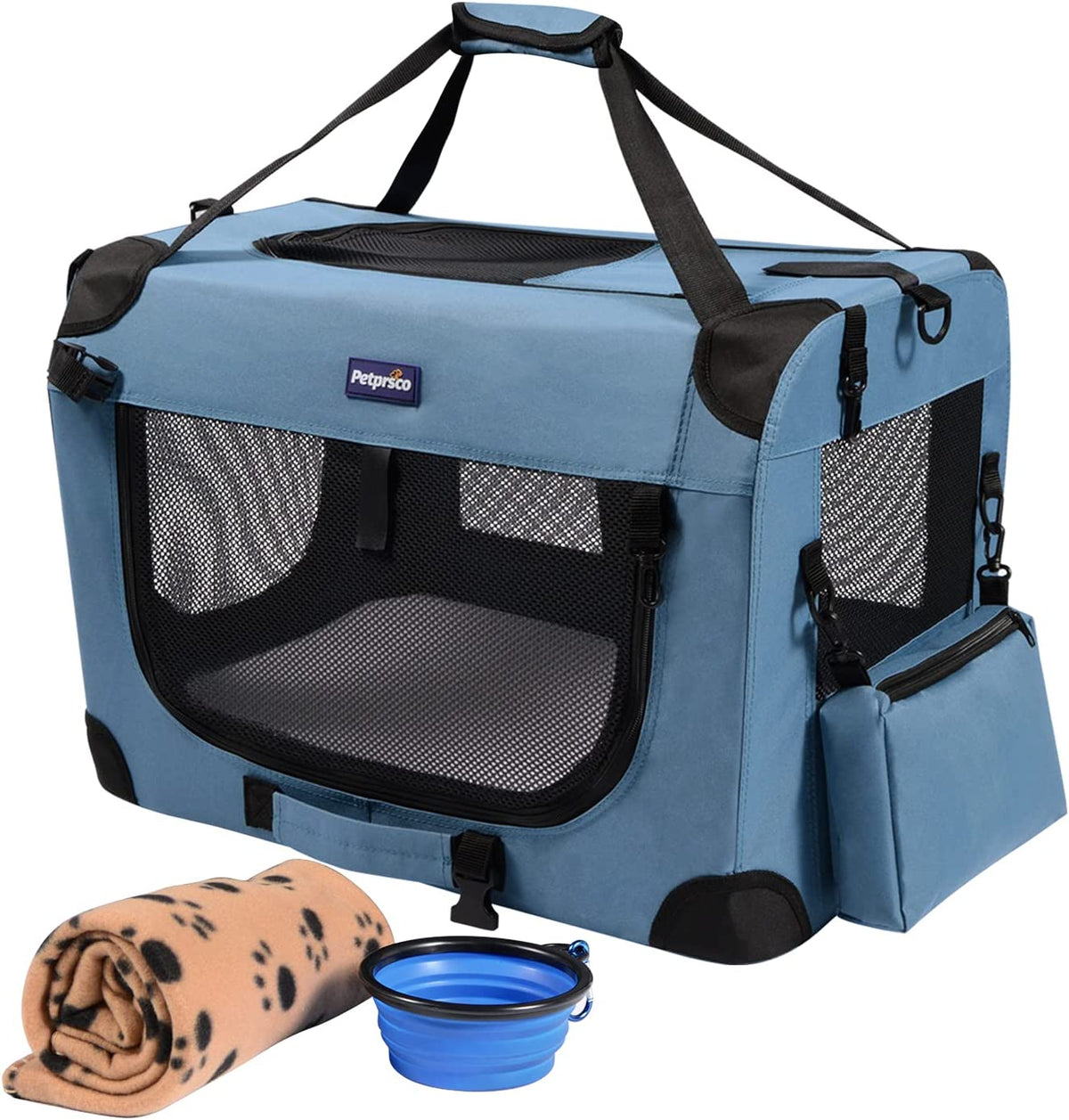 Portable Collapsible Dog Crate, 24" Soft Dog Crate for Car Travel | Small Dog Crate Kennel 24”*17”*17” with Soft Blanket and Foldable Bowl for Large Cats & Small Dogs Indoor and Outdoor Use