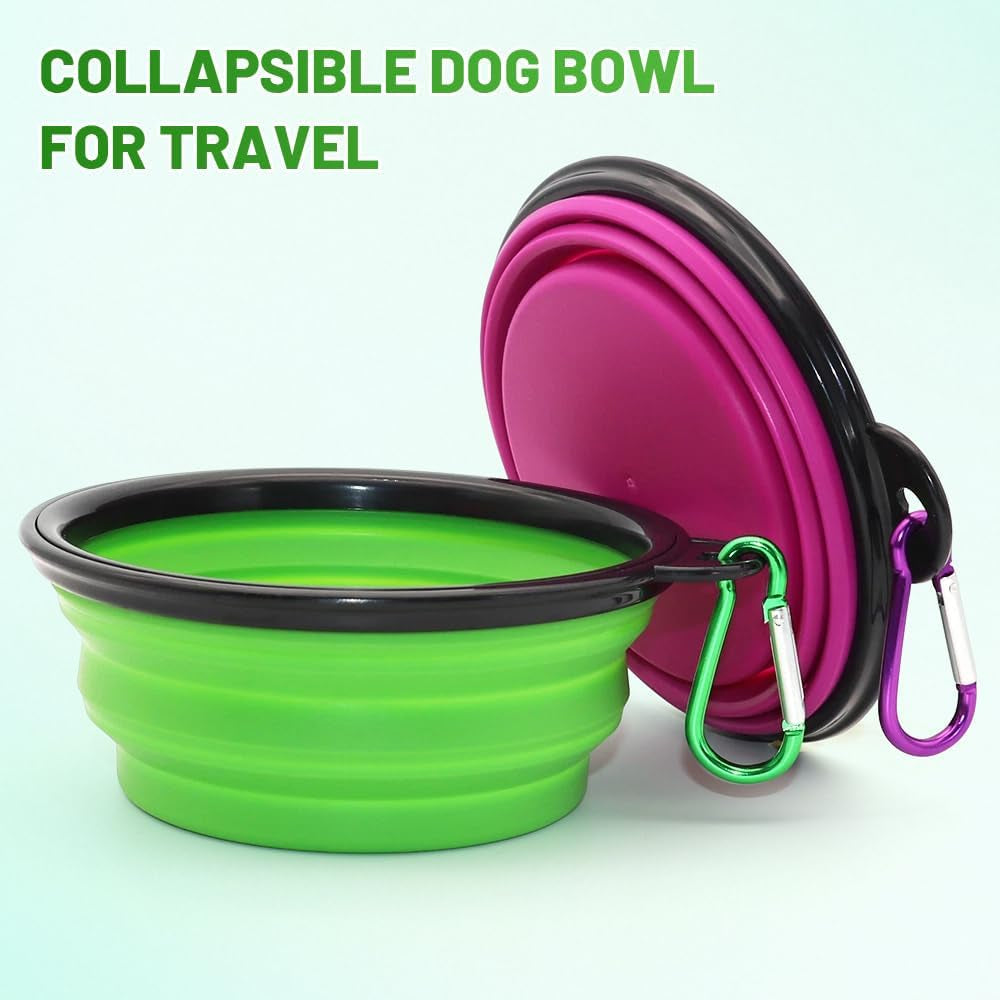 Collapsible Pet Bowls for Dogs and Cats - 2 Pack Portable Feeding and Watering Dishes with Carabiners (Small, Green and Purple)
