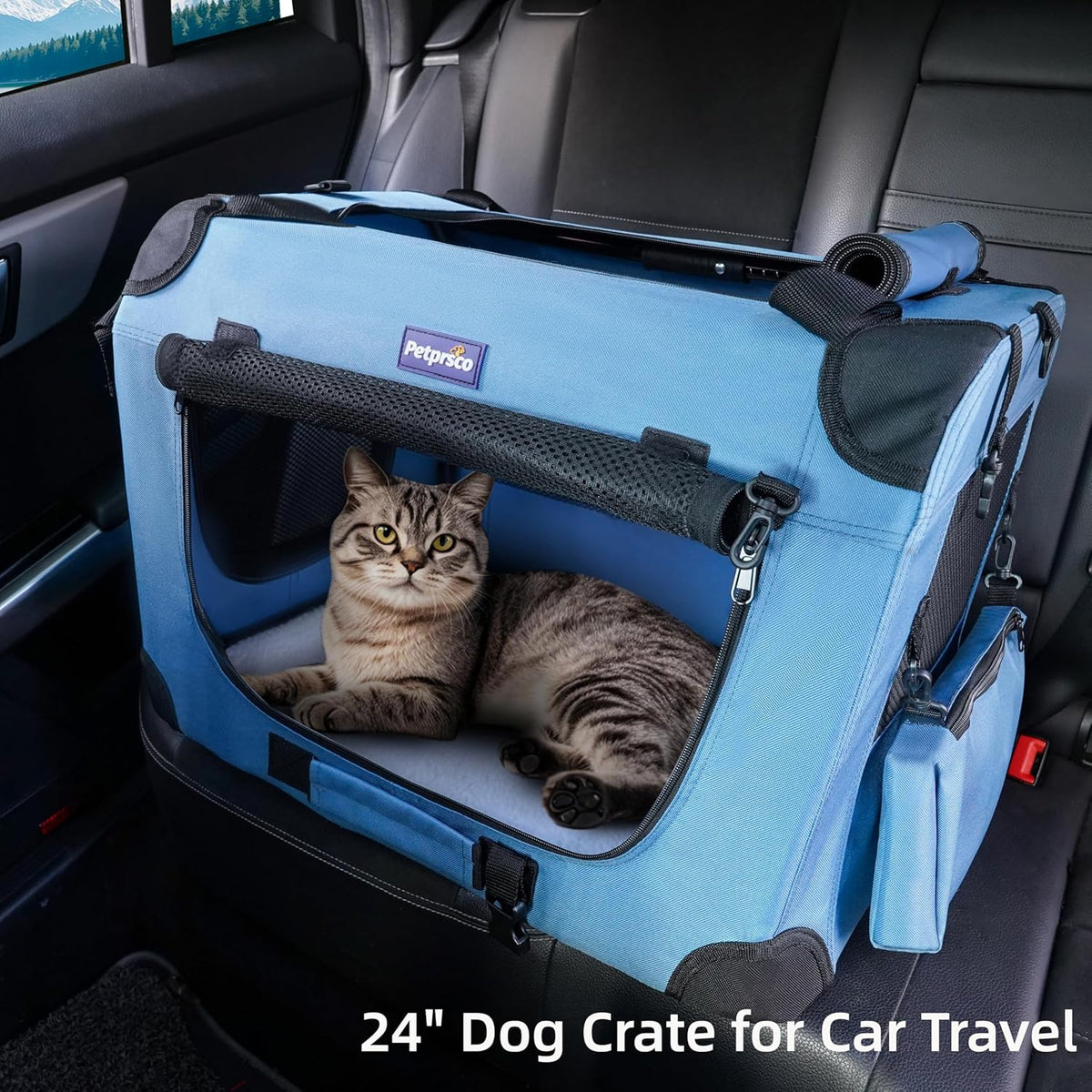 Portable Collapsible Dog Crate, 24" Soft Dog Crate for Car Travel | Small Dog Crate Kennel 24”*17”*17” with Soft Blanket and Foldable Bowl for Large Cats & Small Dogs Indoor and Outdoor Use