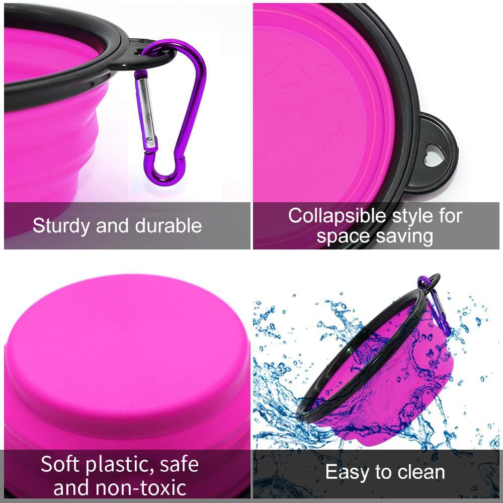 Collapsible Pet Bowls for Dogs and Cats - 2 Pack Portable Feeding and Watering Dishes with Carabiners (Small, Green and Purple)