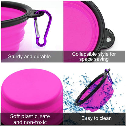 Collapsible Pet Bowls for Dogs and Cats - 2 Pack Portable Feeding and Watering Dishes with Carabiners (Small, Green and Purple)