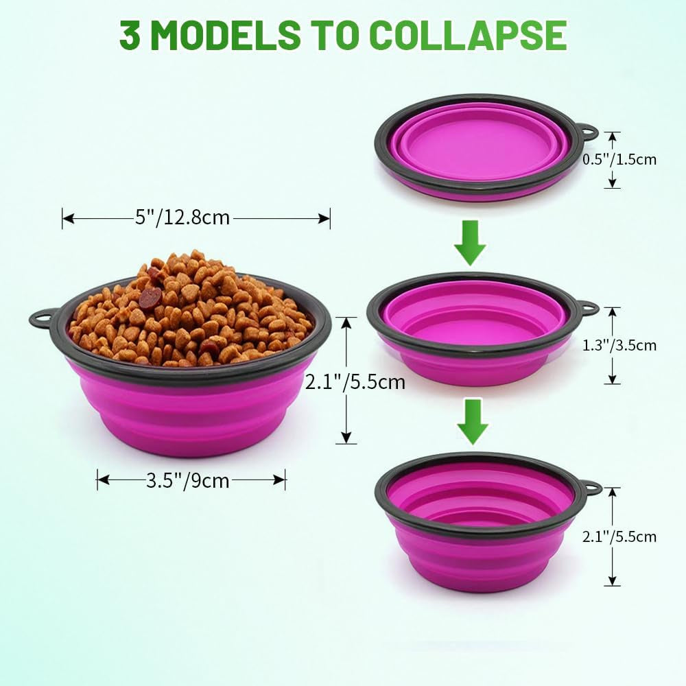 Collapsible Pet Bowls for Dogs and Cats - 2 Pack Portable Feeding and Watering Dishes with Carabiners (Small, Green and Purple)