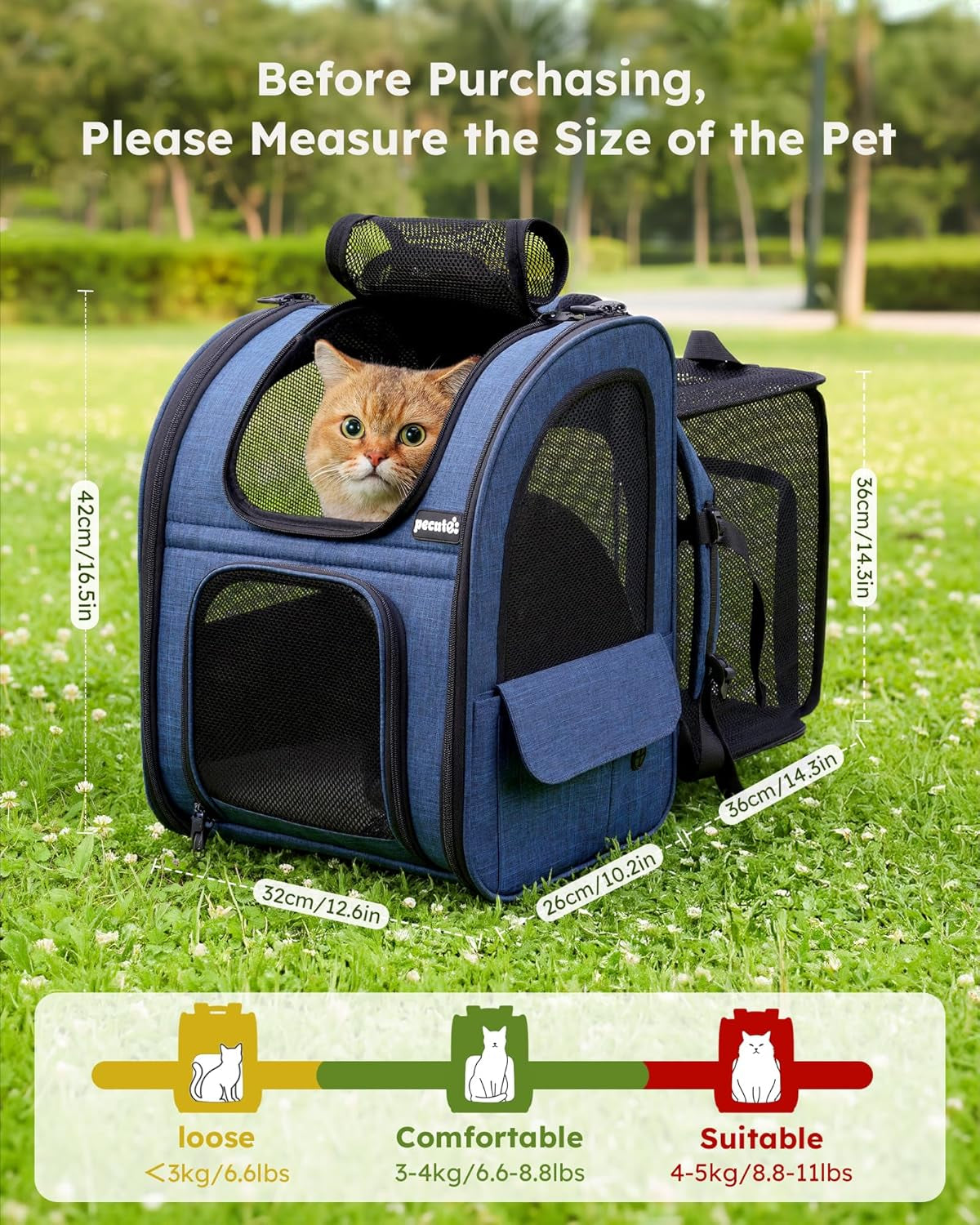 Expandable Cat Carrier Backpack with Breathable Window - Durable Oxford Cloth, Lockable Zipper, Ideal for Pets Under 11 lbs for Travel