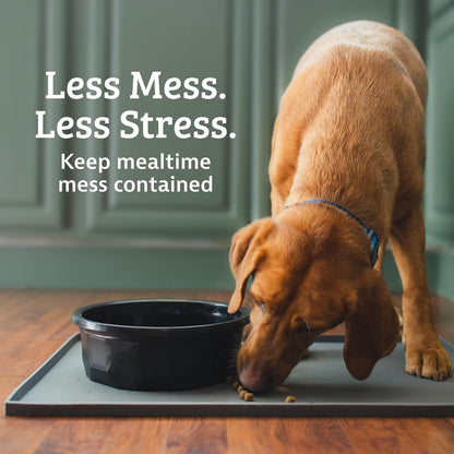 Raised-Edge Silicone Dog Food Mat - Waterproof and Non-Slip Pet Placemat for Food and Water Bowls - Dishwasher-Safe Tray - 25 x 17 inches, Gray