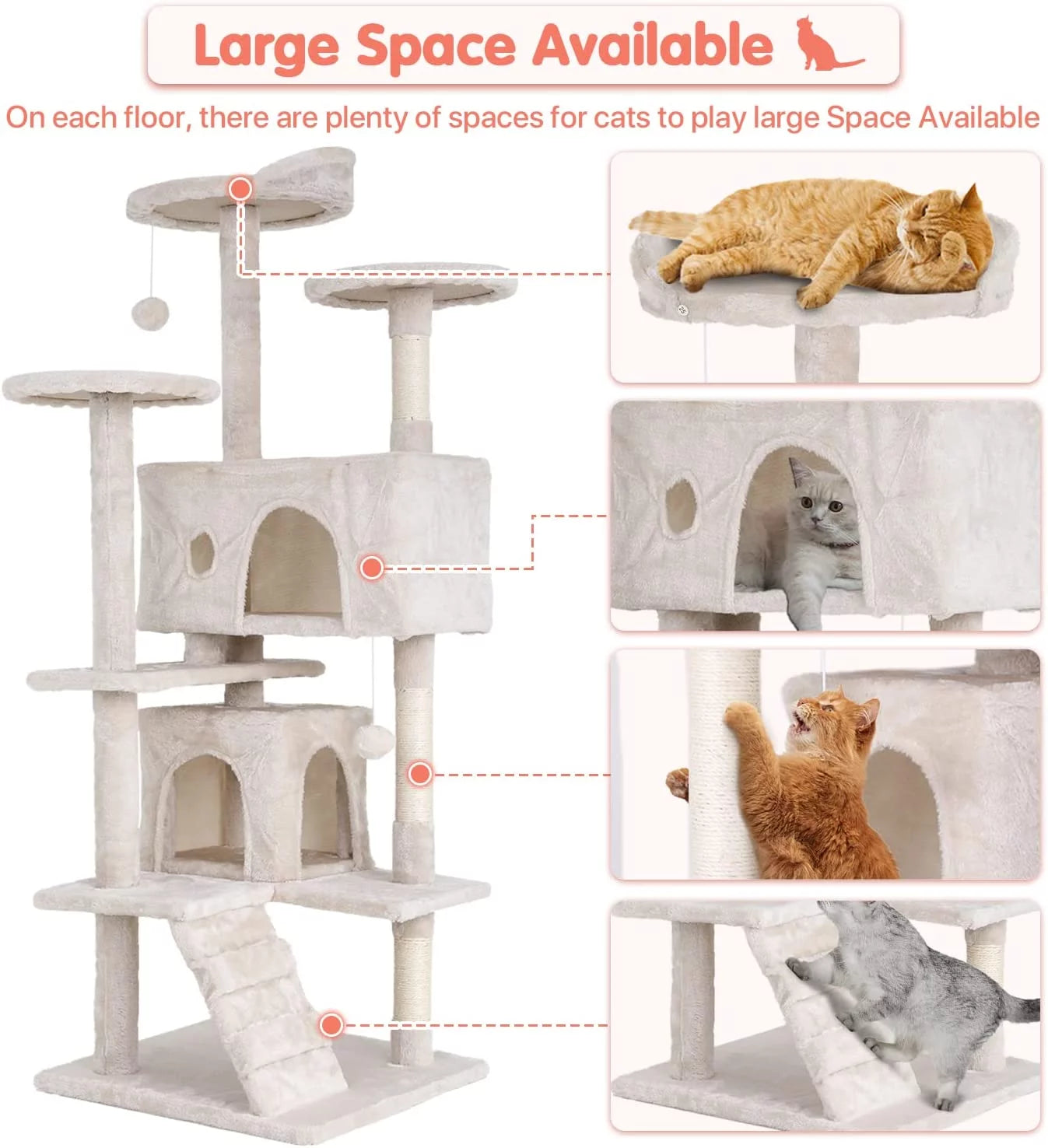 54-Inch Double Condo Cat Tree Tower with Scratching Post and Perch for Indoor Use, Beige